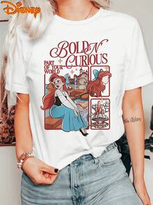 Disney The Little Mermaid1 Ariel Bold N Curious Part Of Your World 100% Cotton Crew Neck Short Sleeve Graphic Tee For Women Casual Wear Gift - 白色 - 查看 1