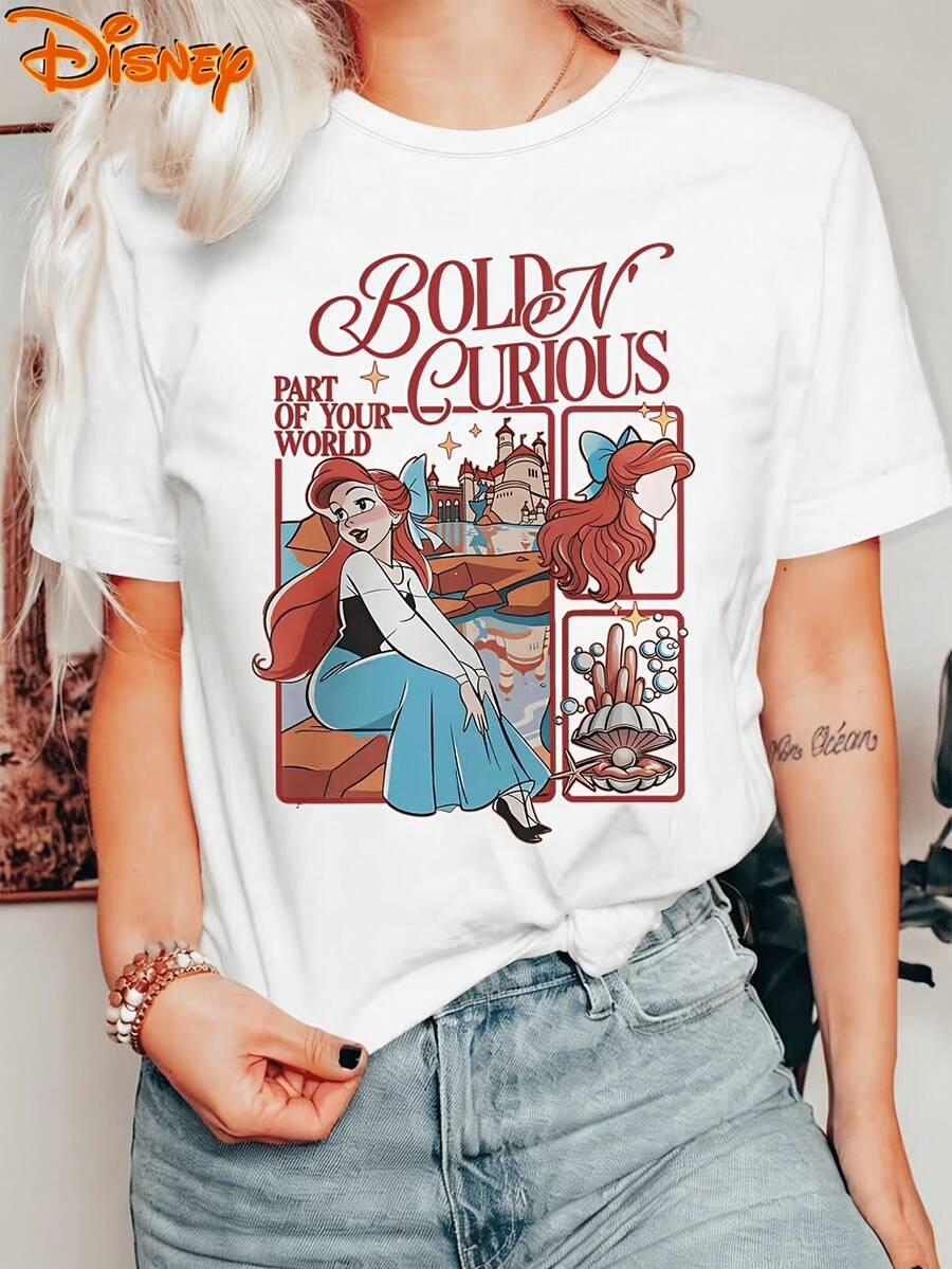 Disney The Little Mermaid1 Ariel Bold N Curious Part Of Your World 100% Cotton Crew Neck Short Sleeve Graphic Tee For Women Casual Wear Gift - 白色 - 查看 1