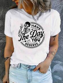 Print On T-Shirt, Graphic Cotton Tees, Plus Size, Short Sleeve Round Neck With Cartoon Pattern, CHICLY19 Skeleton Peace Sign Graphic Cotton T-Shirt, Casual Women's Short Sleeve R - 白色 - 查看 1