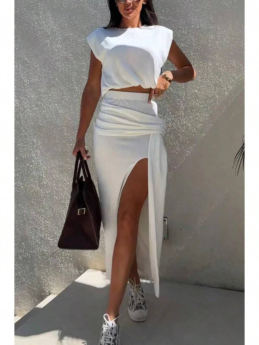 Summer Dresses Women, Round Neck Sleeveless Midi Dress With Slit, Two-Piece Set - 白色 - 查看 1