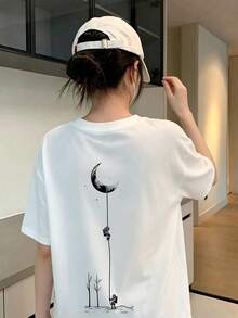 女款時尚夏季寬鬆卡通印花短袖T恤休閒白色 - 白色 - 查看 5