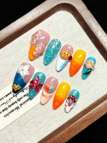 Vernis à ongles à presser fait main en rose nude avec des bords français orange, bleu et blanc, des fleurs gravées 3D rose et blanc, des étoiles de mer en relief, des formes de cœur et des motifs de champignons rouges, des paillettes argentées, des perles dorées et blanches, et des diamants scintillants. Ongles - Multicolore - Voir 3