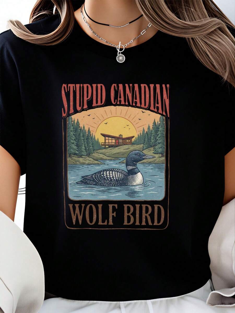 2026 New Loose-Fitting Men's T-ShirtWomen's Canadian Wolf Bird Rivalry T-Shirt- Hollanov Graphic Tee With Heated Rivalry, Casual Washed Shirt Suitable Spring Summer Fall Wear, Washable Fan Apparel, PLUS SIZE - 黑色 - 查看 1