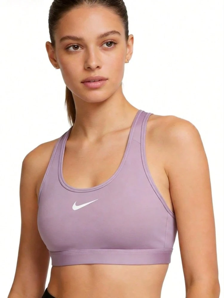 Nike Swoosh Logo Racerback Medium Support Solid Color Sports Bra, Women's DX6822-536 (Dusty Purple) - Purple - View 1