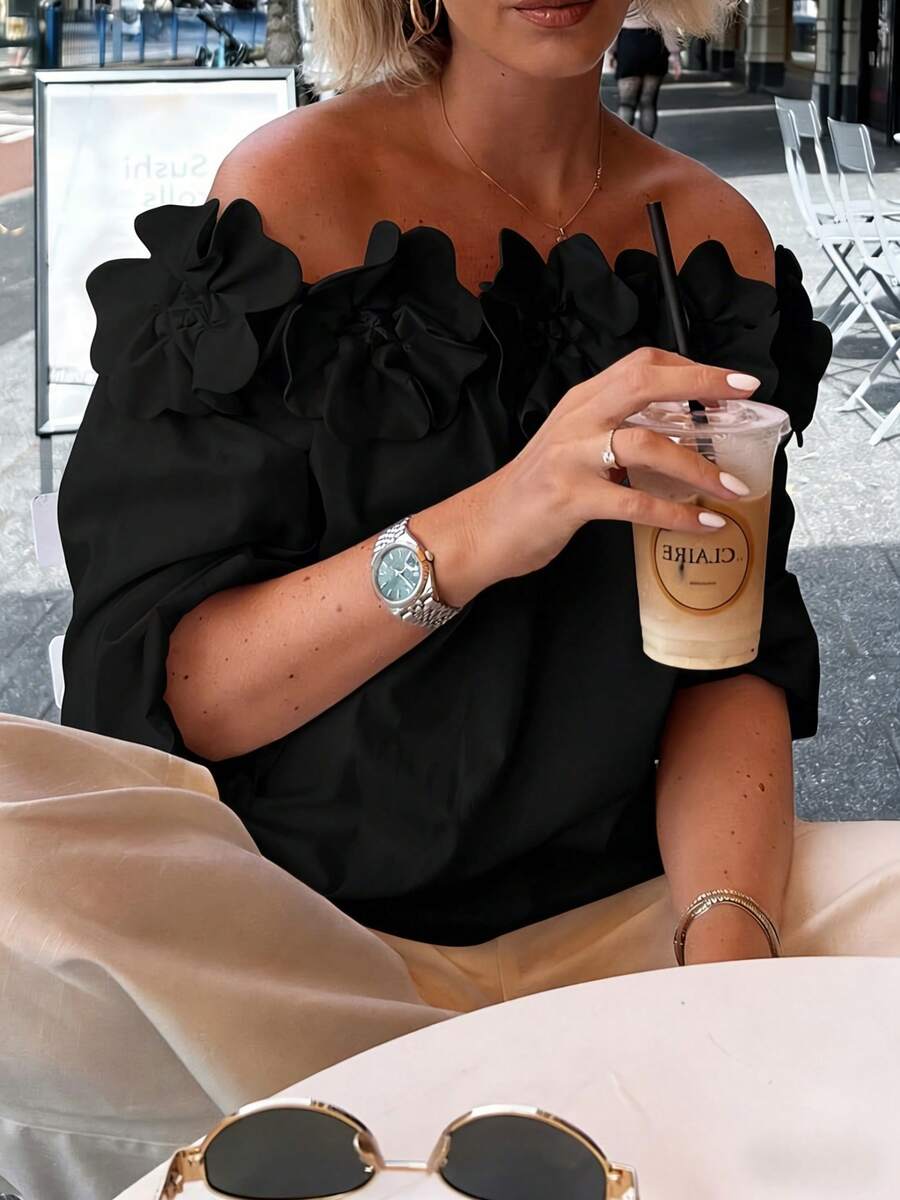New Elegant Off-Shoulder Shirt With Solid Color 3D Floral Print - Versatile For Women - Spring/Summer - Black - View 1