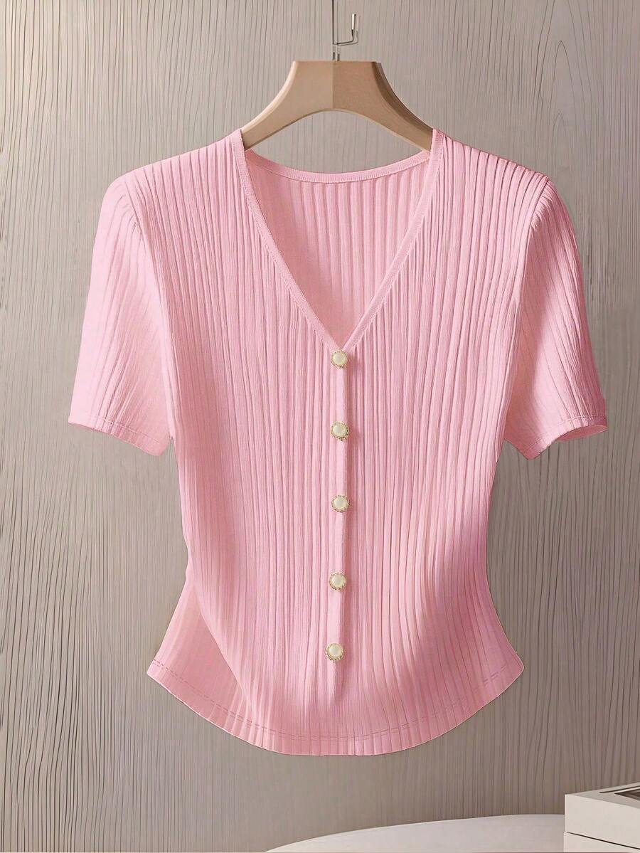 Camiseta de manga corta con botones delanteros de unicolor elegante para uso diario, verano - Rosa - Ver 1