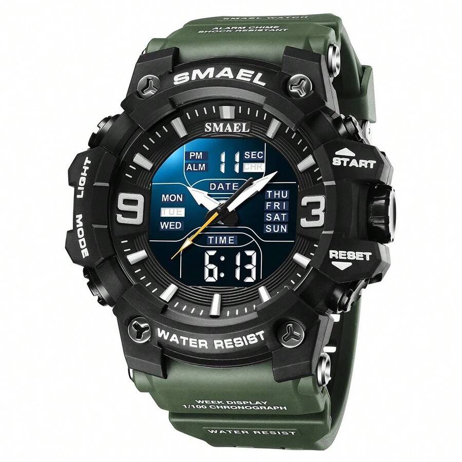 SMAEL 8049 LED Sports Alarm Clock Dual Time Display Waterproof Auto Date Quartz Watches - Verde militar - Ver 1