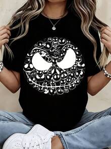 Disney Women Casual T Shirt  Black Jack Skellington Face Design Halloween Party Wear - 黑色 - 查看 2
