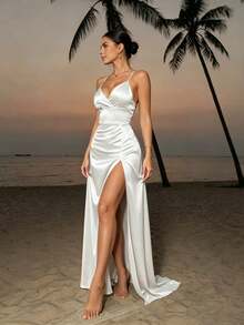 Solid Color Satin Elegant Sexy Crisscross Strap Backless Asymmetric Bow Cutout Drawstring Hollow Design High Thigh Slit Back Tie Adjustable Fit Party - White - View 7