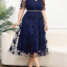 yonghongmaoyi1 Reflora Vestido de verano elegante de talla grande con cuello en V y mangas cortas con ribete de concha - Azul marino - Ver 8