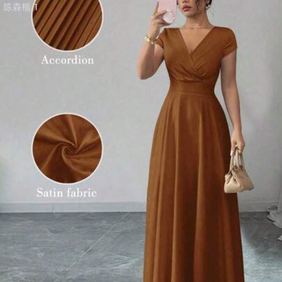 jianchaimaoyi02  Vestido elegante y romántico para mujeres con cuello en V, mangas cortas y cintura ceñida - Café integral - Ver 1