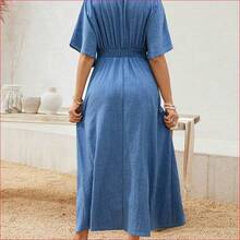 VUUG
  Vestido plisado de unicolor con escote en V y mangas de murciélago para mujeres embarazadas, estilo casual de vacaciones de verano - Azul - Ver 3