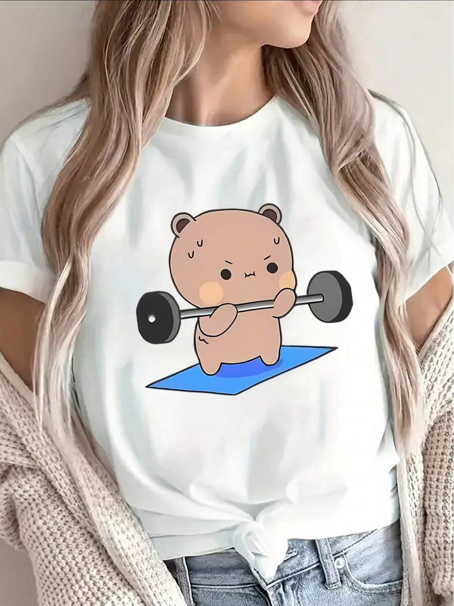 Women's T-Shirt With Weightlifting Bear Print, Short Sleeve, For Gym, Home Or Casual Wear, Lightweight And Durable Design For Everyday Comfort, Women's Going Out T-Shirts - 白色 - 查看 1