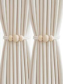 1pc/2pcs Bohemian Style Curtain Tieback Rope Accessories With Wooden Beads, Tassel/Magnetic, Home Decor Suitable For Living Room, Bedroom, Kitchen - Beige - View 6