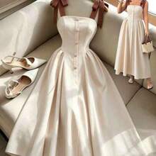 yonghongmaoyi1  Nuevo vestido midi tejido bicolor con textura y tirantes anudados, elegante y versátil para uso en la oficina - Multicolor - Ver 1