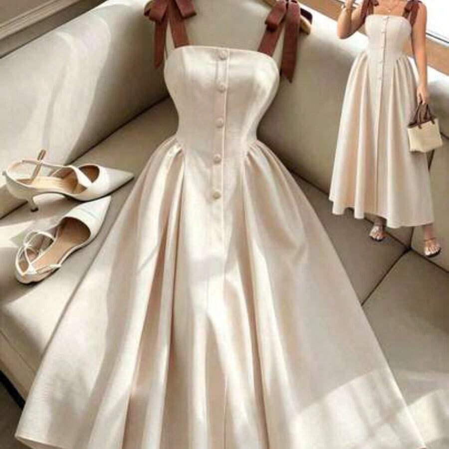 yonghongmaoyi1 Nuevo vestido midi tejido bicolor con textura y tirantes anudados, elegante y versátil para uso en la oficina - Multicolor - Ver 1