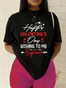 Plus Size Casual Boyfriend Style T-Shirt With Couple Print - 100% Pure Black Crew Neck Casual T-Shirt With Boyfriend Print, Made Of Soft 180g Fabric, Suitable As A Gift, For Daily Wear And As A Valentine's Day Present, Machine Washable. - 黑色 - 查看 1