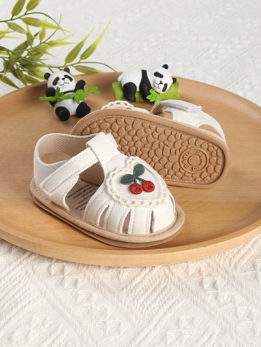 1 Pair Girls Heart Embroidery Cherry Hook And Loop Design Baby Toddler Sandals, Spring Autumn Summer