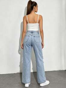 Women's Summer Clothing, Women's Jeans, Ripped Jeans, Straight-Leg Jeans And Long Denim Pants. The Fabric Is Soft, Lightweight, Wear-Resistant And Durable With Good Draping Performance. It Is Wrinkle-Resistant, Shape-Retaining And Skin-Friendly. Ideal For Summer Outfits, Daily Looks, Street Styles, Fashion Shows, Dates, Valentine's Day, Campus Commutes, Rural Occasions And Concert Wear. - 藍色 - 查看 2