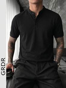 GRDR Men's New Minimalist Summer Casual Henley Neck Short Sleeve T-Shirt - Black - View 1
