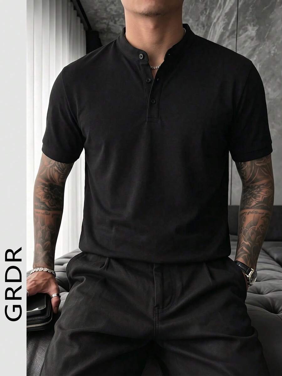 GRDR Men's New Minimalist Summer Casual Henley Neck Short Sleeve T-Shirt - Black - View 1