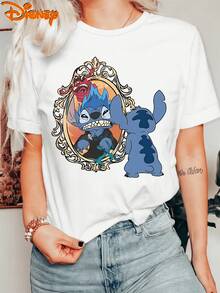 Disney Lilo & Stitch Monster Mirror Frame Funny Cartoon 100% Cotton Crew Neck Short Sleeve Vintage Graphic Tee For Women Casual Daily Outfit Tops - 白色 - 查看 1