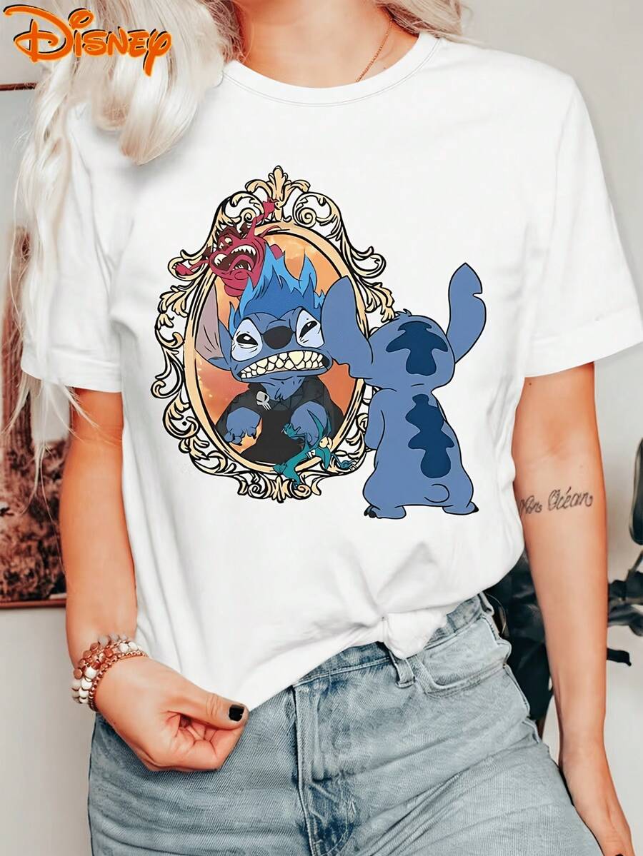 Disney Lilo & Stitch Monster Mirror Frame Funny Cartoon 100% Cotton Crew Neck Short Sleeve Vintage Graphic Tee For Women Casual Daily Outfit Tops - 白色 - 查看 1