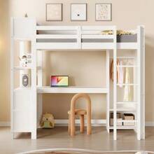 Loft Bed, 90x200 Cm, Shelves, Multiple Storage Compartments, Desk, Wardrobe, Without Mattress, White - 白色 - 查看 3