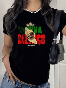 PremiumMapa de México con colores patrios verde blanco y rojo y sombrero que representa orgullo nacional y fuerza latina camiseta para mujer 100% algodónBestseller - Negro - Ver 1