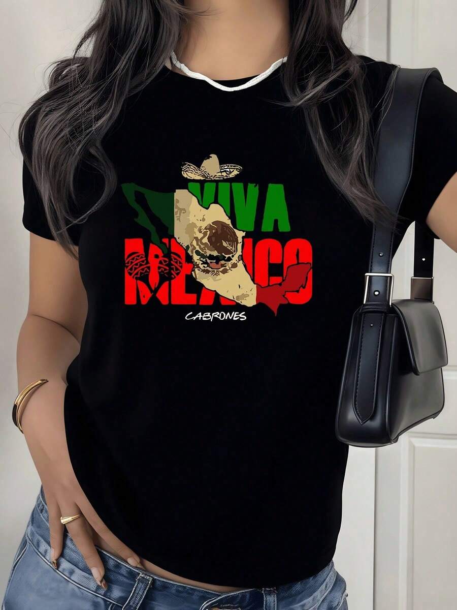 PremiumMapa de México con colores patrios verde blanco y rojo y sombrero que representa orgullo nacional y fuerza latina camiseta para mujer 100% algodónBestseller - Negro - Ver 1