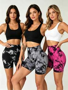 3 Pack High Waisted Tie Dye Workout Shorts For Women, Seamless Bum Scrunch Yoga Shorts Tummy Control Compression Shorts - 黑色灰色玫紅色 - 查看 10