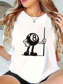 1pc Camiseta de Mujer con Estampado Gráfico de Taco de Billar  - Tejido Suave y Elástico Transpirable, Cuello Redondo Casual para Verano, Gimnasio, Deportes al Aire Libre & Atuendo casual - Blanco - Ver 1