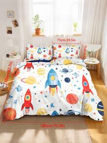 2/3pcs Cute Rocket Space Bedding Set, Soft Planet Print Duvet Cover Set With Pillowcases, Suitable For Children And Teenagers Boys And Girls Room Decor, All Season Use, With Zipper Closure 150x200cm - Multicolor - View 14