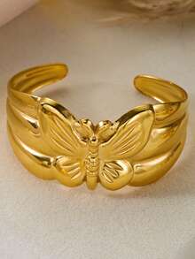 1pc Stainless Steel 3D Butterfly Open Bangle Bracelet, Suitable For Women's Daily Wear - Gold - View 2
