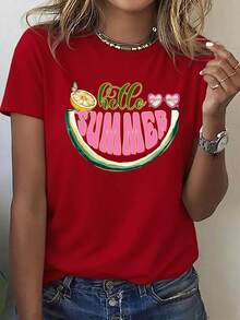 Premium Women's Printed Short-Sleeve T-Shirt, Sweet And Fresh Style, With A Fun Summer Watermelon Print, Lemon Sunglasses, And Butterfly Embellishments. Versatile Streetwear For Everyday Wear. Comfortable Basic T-Shirt For Autumn, Printed Short-Sleeve T-Shirt For Outdoor Activities, Unisex Short-Sleeve T-Shirts. Couple T-Shirts, Parent-Child Sets, Family Sets, New Arrivals,  Short-Sleeve T-Shirts, Short-Sleeve T-Shirts For Gifts, . - 紅色 - 查看 1