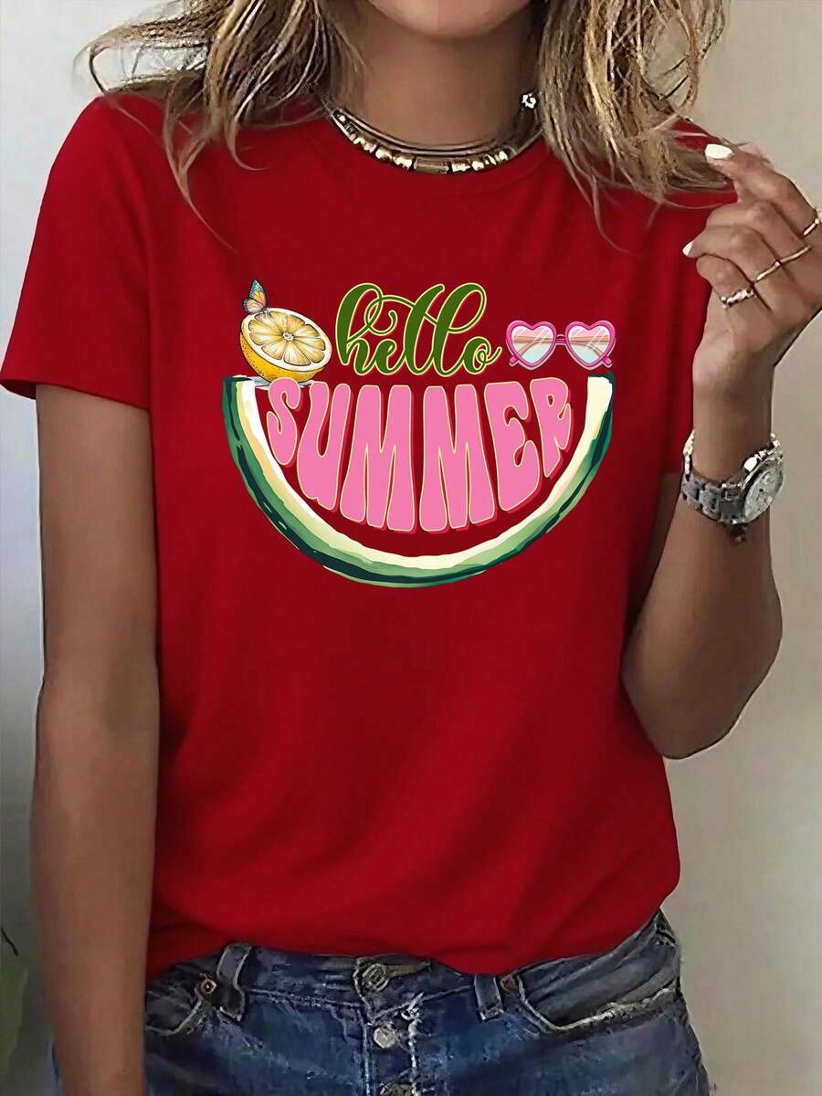 Premium Women's Printed Short-Sleeve T-Shirt, Sweet And Fresh Style, With A Fun Summer Watermelon Print, Lemon Sunglasses, And Butterfly Embellishments. Versatile Streetwear For Everyday Wear. Comfortable Basic T-Shirt For Autumn, Printed Short-Sleeve T-Shirt For Outdoor Activities, Unisex Short-Sleeve T-Shirts. Couple T-Shirts, Parent-Child Sets, Family Sets, New Arrivals, Short-Sleeve T-Shirts, Short-Sleeve T-Shirts For Gifts, . - 紅色 - 查看 1