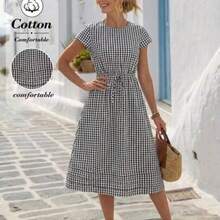 xuehuamaoyi02  Vestido largo casual de mujer con cintura ceñida y rayas, para verano - Blanco y Negro - Ver 1