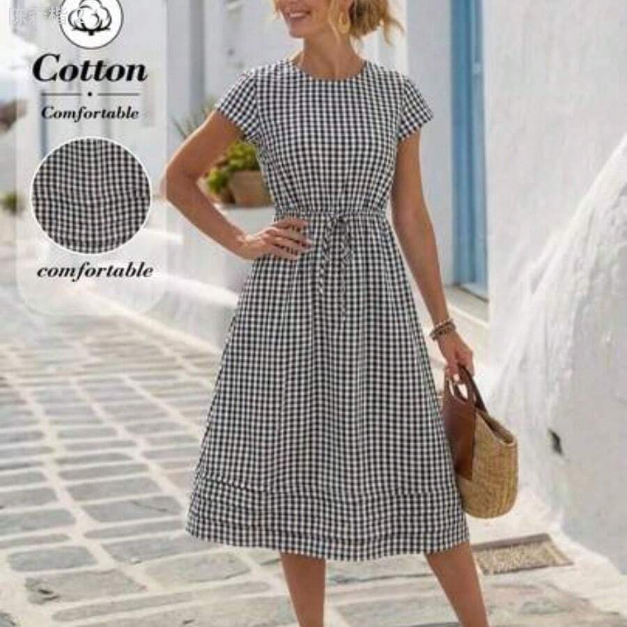 xuehuamaoyi02 Vestido largo casual de mujer con cintura ceñida y rayas, para verano - Blanco y Negro - Ver 1