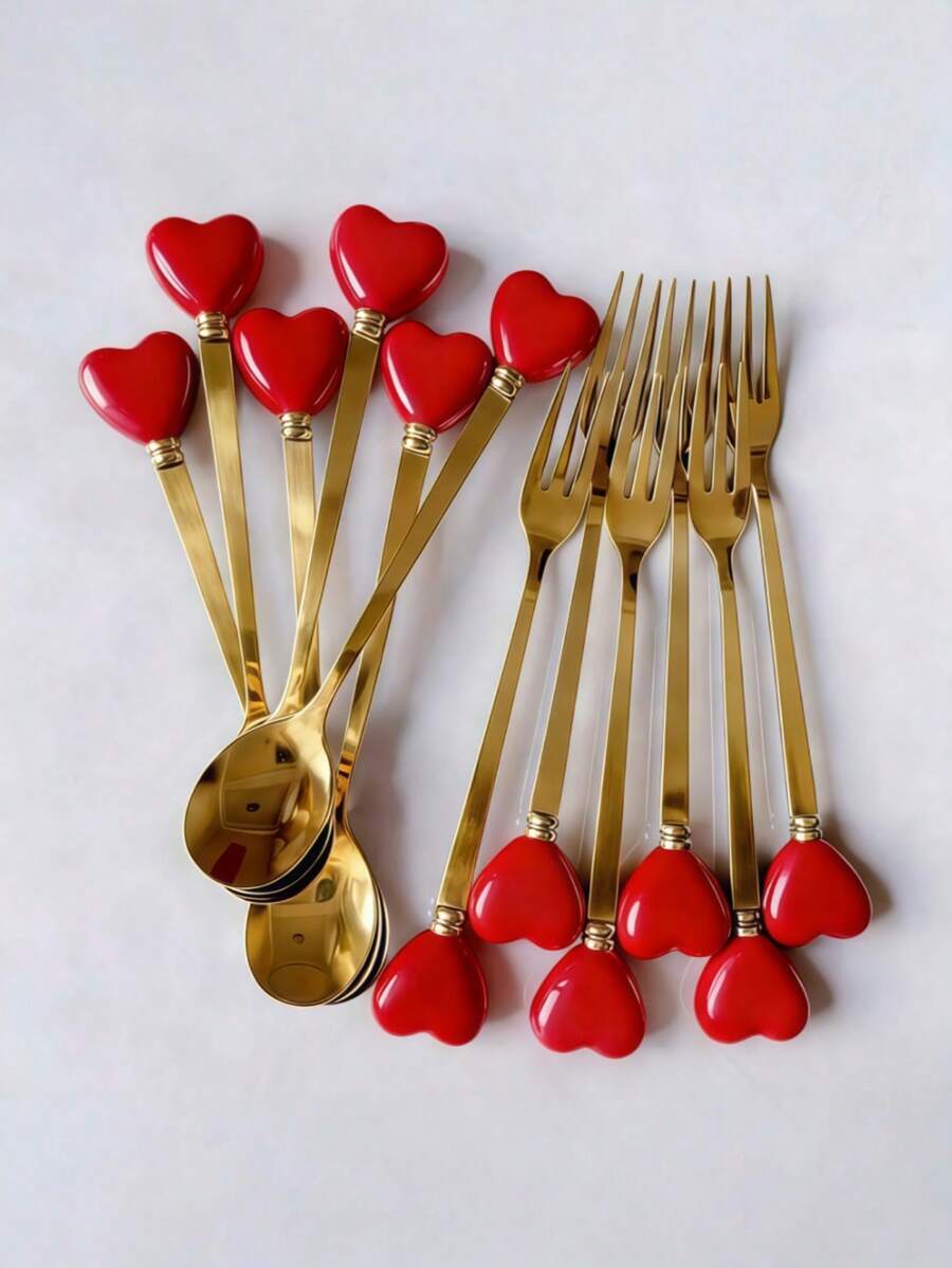 6/12pcs Ceramic Handle Stainless Steel Cutlery Set, Gold Forks And Spoons, Coffee Spoons, Ice Cream Dessert Spoons, Fruit Salad Forks, Creative Heart-Shaped Cute Stirring Seasoning Spoons, Party Afternoon Tea Tableware - Multicolor - View 1