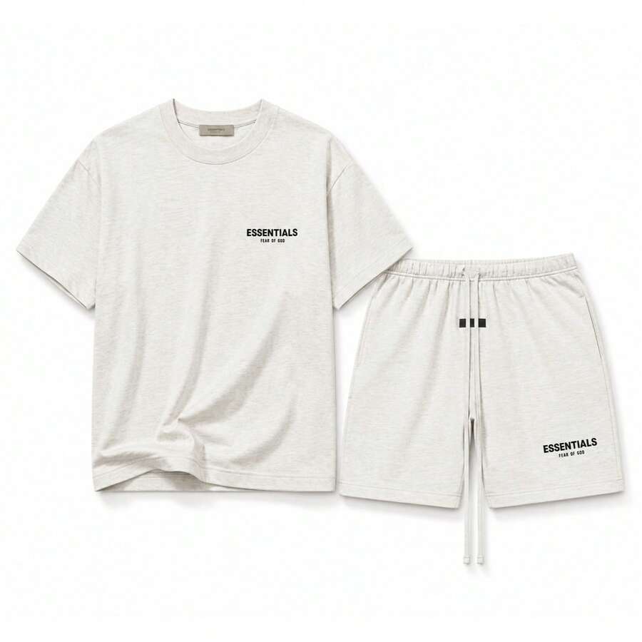 Conjunto de camiseta clásica + pantalones cortos Fear Of God Essentials SS22 en color avena claro, unisex - Juego de avena ligera - Ver 1