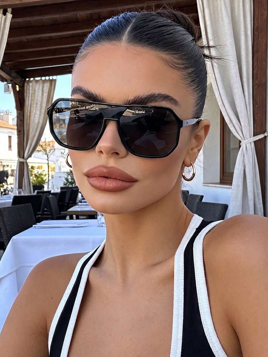 Retro Aviator Style Large Frame Oversized Face Slimming Black Fashion Glasses For Women And Men, Plastic Casual Decorative Fashion Glasses For Daily Wear - Black - View 1