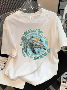 Camiseta de manga corta y cuello redondo para mujer con estampado de tortugas y motivos de la vida salvaje, apta para todas las estaciones. - Blanco - Ver 1