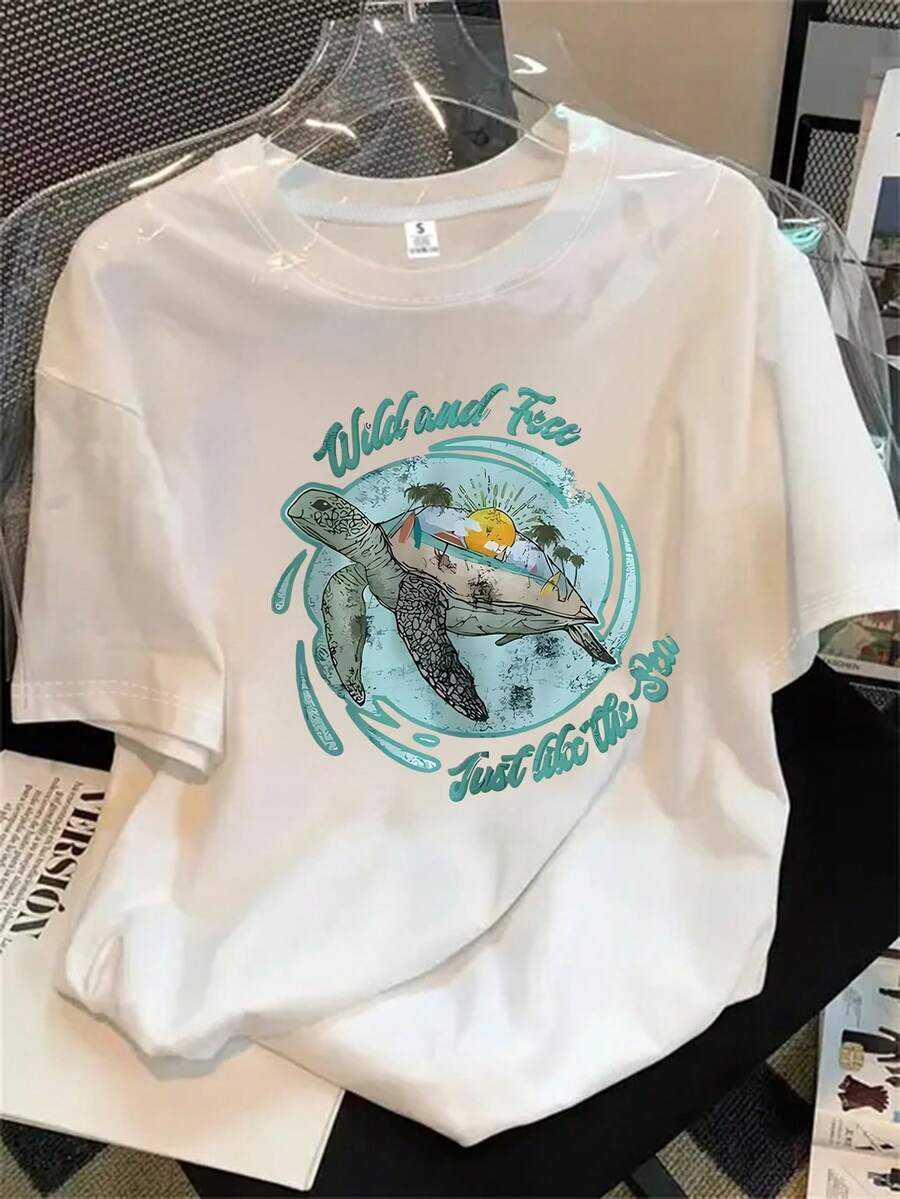 Camiseta de manga corta y cuello redondo para mujer con estampado de tortugas y motivos de la vida salvaje, apta para todas las estaciones. - Blanco - Ver 1