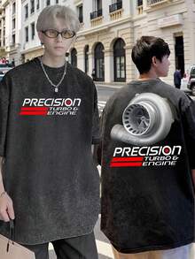Camiseta negra unisex vintage lavada de manga corta oversized con gráfico de motor de precisión para hombres y mujeres - Negro - Ver 2