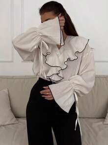Blusa casual francesa con volantes superpuestos y colores contrastantes - Blanco - Ver 4
