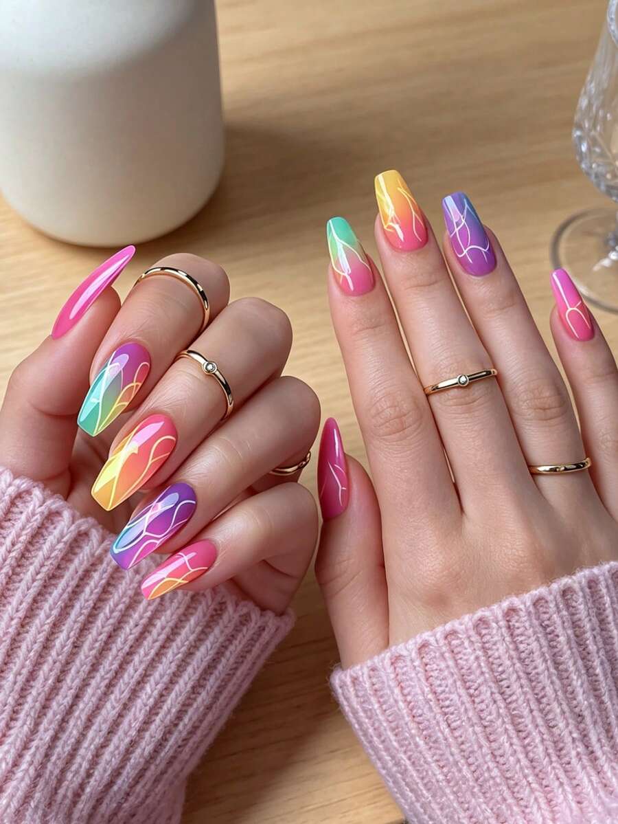 24 pezzi Unghie finte a righe di lunghezza media multicolore alla moda, punte per manicure estive eleganti e minimaliste con colore solido e sfumato, facili da applicare e rimuovere, unghie press-on riutilizzabili per viaggi, feste, eventi e vacanze - Multicolore - Visualizzare 1