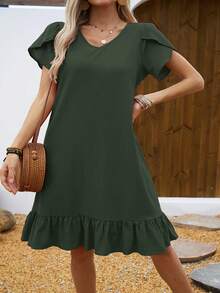 Vestido de Mujer con Cuello en V, Mangas de Concha y Volantes - Verde Gris - Ver 2