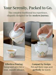 Portable Ceramic Travel Tea Set, Lotus Pattern Kung Fu Tea Set With Storage Bag, Reusable Gaiwan Teaware For Camping, Hiking & Office, Tea Kit For 3 People,Japanese Tea Sets - Multicolor - View 11