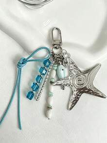 Coastal Denim Girl Starfish Bag Charm - Silver Starfish & Blue Bead Keychain, Ocean Theme Handbag Pendant, Summer Y2K Independent Nautical Accessory For Women, Silver Spiral Starfish Bag Charm, Blue Crystal & Fish-Shaped Bead Handbag Pendant, Bohemian Style Backpack Charm, Suitable For Vacation & Daily Use, Travel, Holiday, Teacher's Day, Birthday And Back To School Gifts - Multicolor - View 2