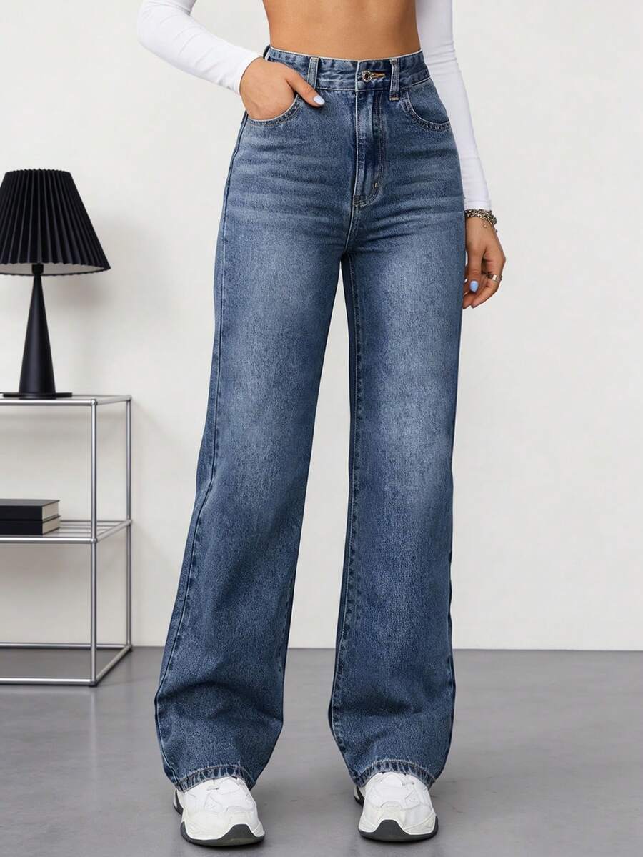 Women's Casual Straight Leg Loose Fit Jeans With Pockets, Fashionable Straight Jeans, Washed Denim Loose Fit Jeans, Vintage Casual Style, Wide Leg And High Waist For Everyday Wear, Comfortable, Stretchy And Suitable For All Seasons - 藍白色 - 查看 1